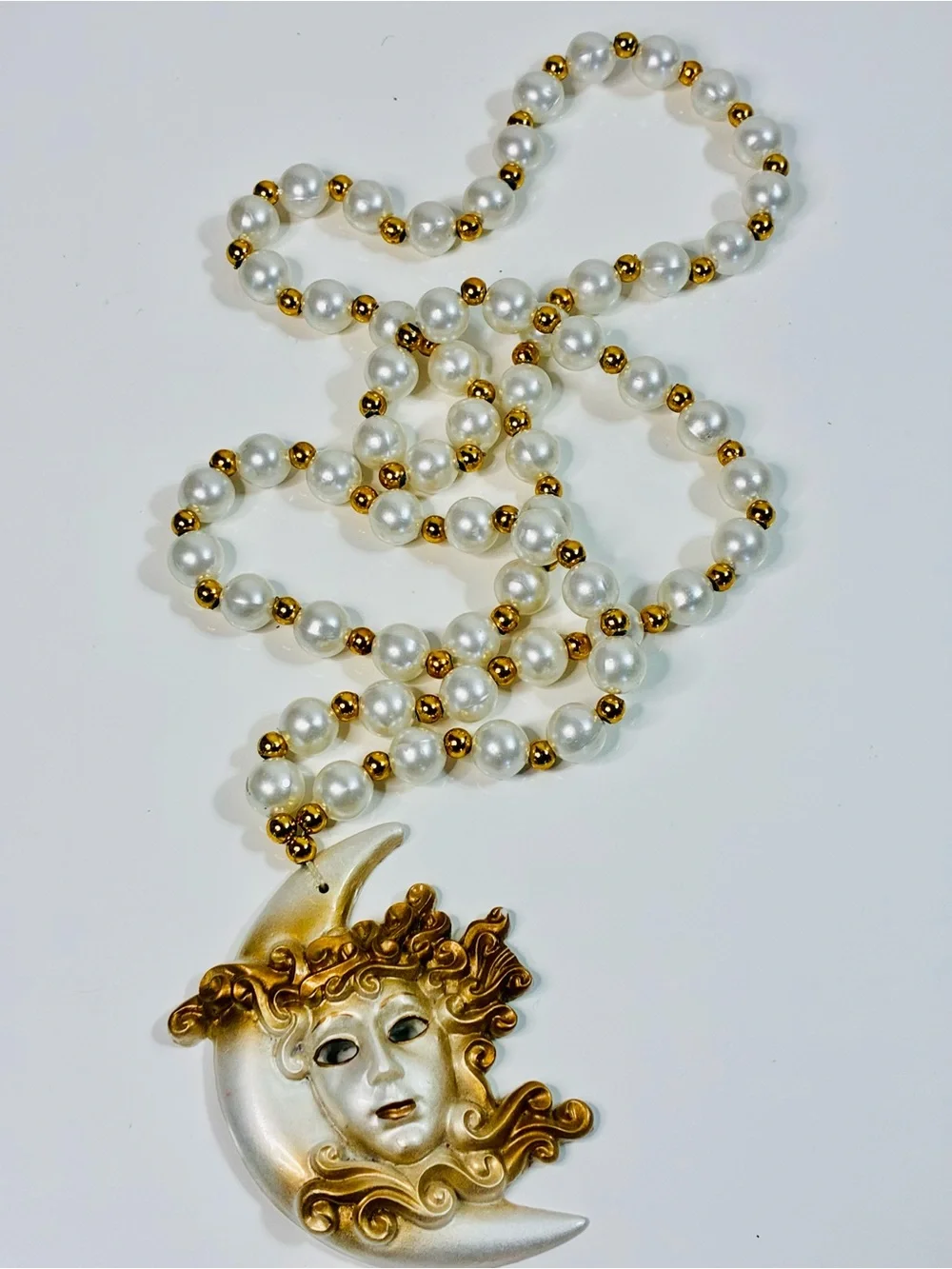 Venetian-Style Mardi Gras  White Pearl Bead Necklace with Gold Moon Mask Pendant